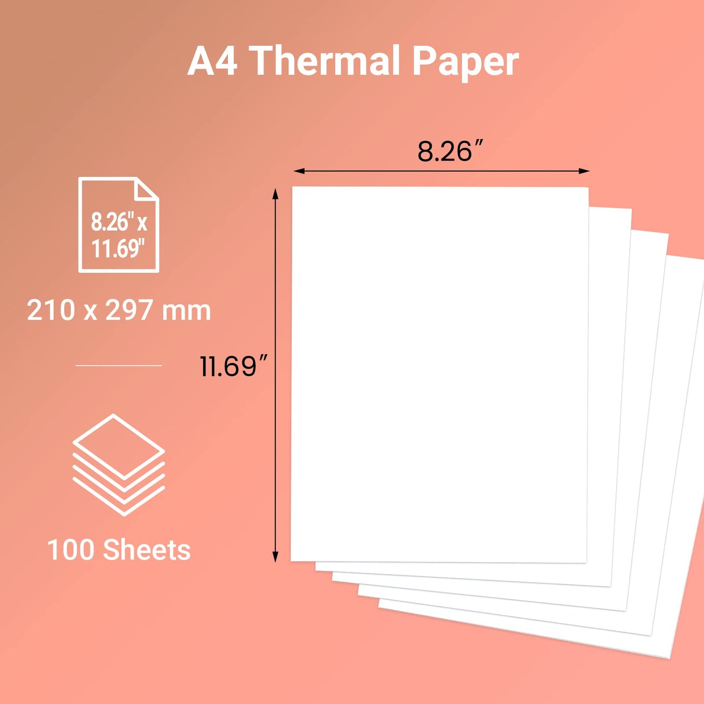Odaro Papier thermique 210 x 297mm A4, blanc A4-100 feuilles, compatible avec M08F, MT800, Q302, M832, MT800Q et autres imprimantes portables A4