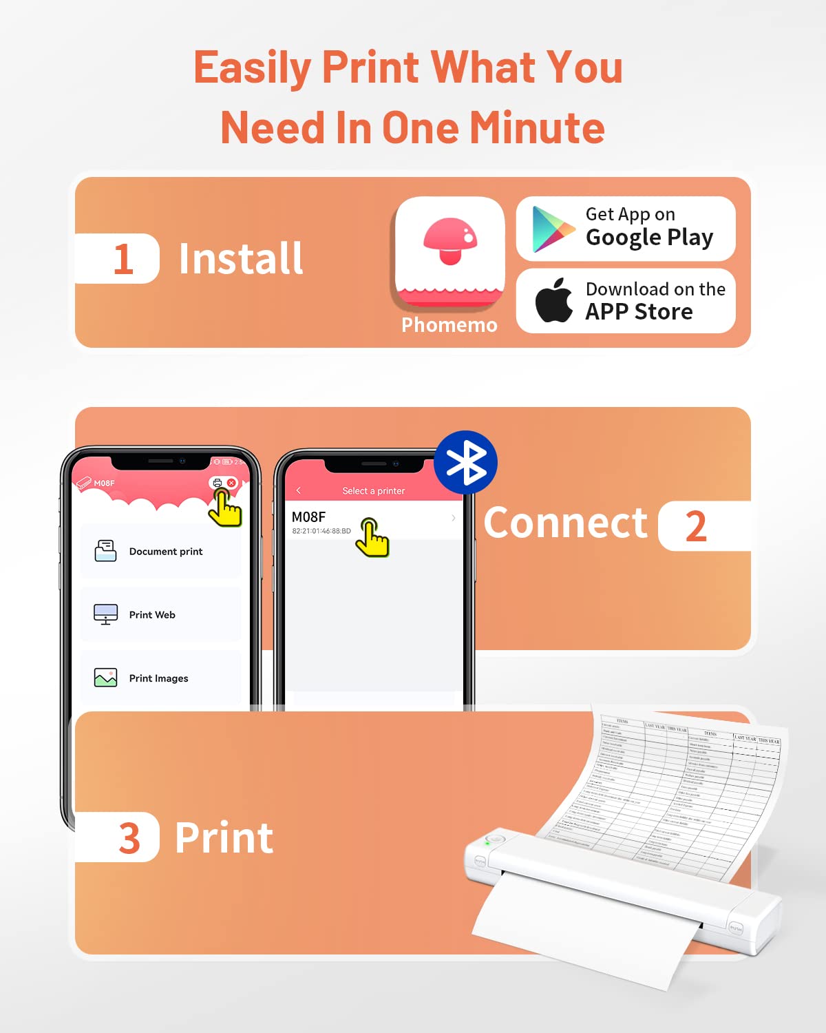 Odaro M08f A4 Travelling Mini Portable Printer, Bluetooth Thermal Printer, Compatible avec Le Papier Thermique A4 Jusqu'à 210 X 297 Mm, Compatible avec Les Ordinateurs Portables, Blanc
