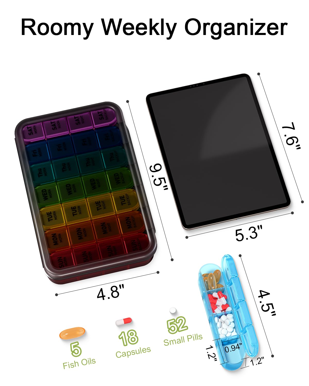 Odaro Weekly Pill Organizer 4 Times a Day, Daily Pill Box 7 Day, Large Travel Pill Case with 28 Compartment to Hold Medicine, Vitamin and Supplement (Color)