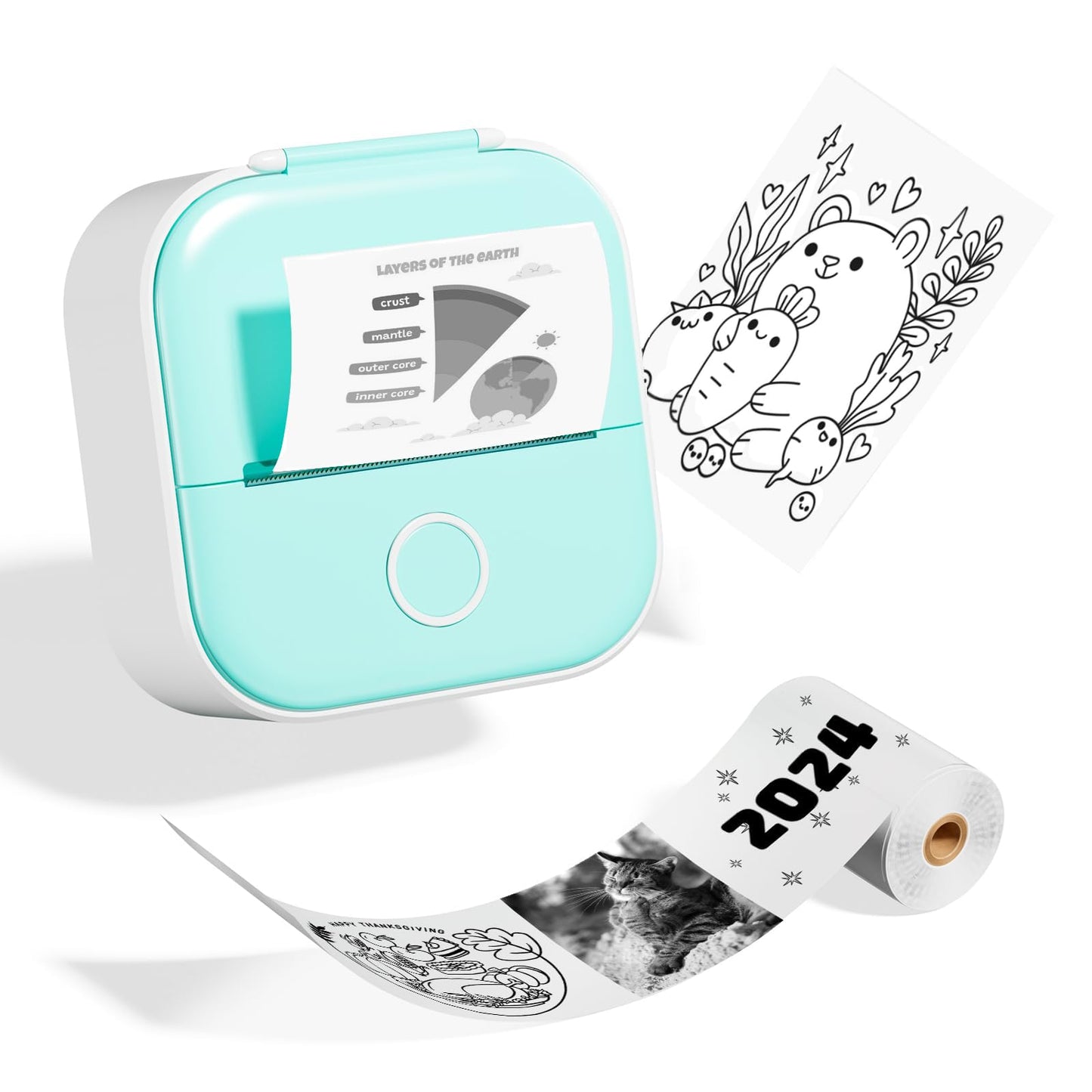Odaro T02 Thermal Sticker Printer Mini, Portable Print Pod, Sticker Maker with 1 Roll Sticker Paper, Small Sticker Printer Machine Bluetooth for School Note, Journal, Picture Coloring - Green