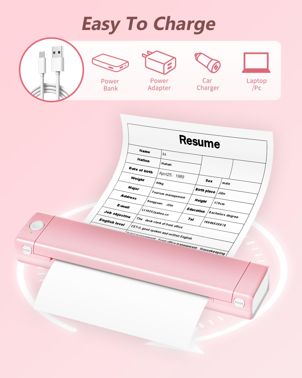 Odaro M08F Portable Inkless Printer - A4 Thermal Printer, Buletooth Printer Compatible with iOS, Android Phone & Laptop,Wireless Printer for Home, Office, Tattoo Stencils, School, Pink