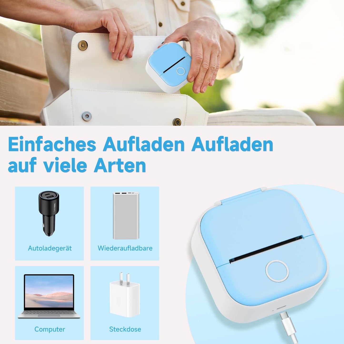 Odaro T02 Mini Imprimante d'autocollants, Mini imprimante sans Fil, Imprimante Photo Portable sans Fil avec 1 Rouleau de Papier, Imprimante Thermique de Poche Bluetooth, Bleu