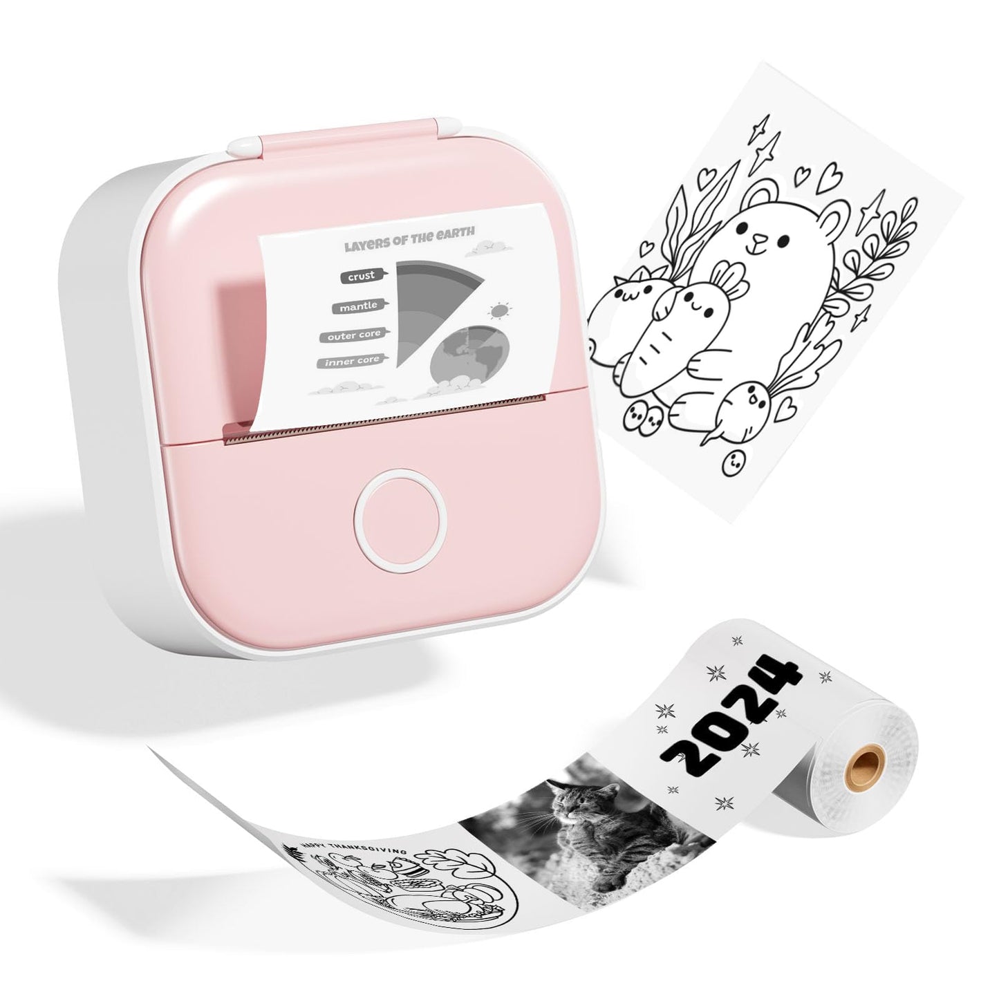 Odaro T02 Thermal Sticker Printer Mini, Portable Print Pod, Sticker Maker with 1 Roll Sticker Paper, Small Sticker Printer Machine Bluetooth for School Note, Journal, Picture Coloring - Pink