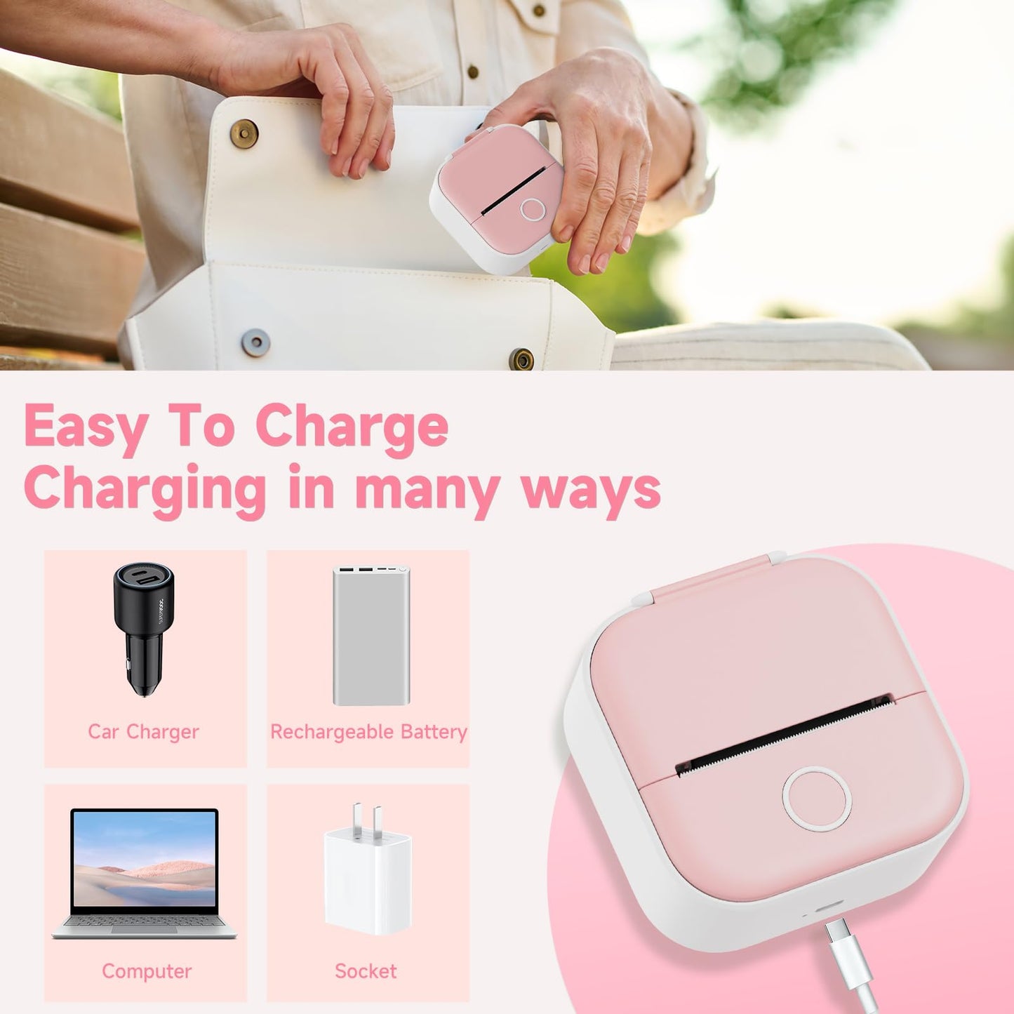 Odaro T02 Thermal Sticker Printer Mini, Portable Print Pod, Sticker Maker with 1 Roll Sticker Paper, Small Sticker Printer Machine Bluetooth for School Note, Journal, Picture Coloring - Pink