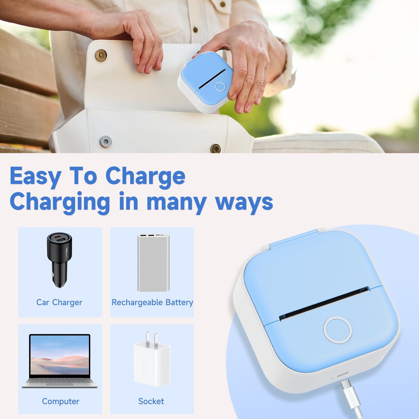Odaro T02 Thermal Sticker Printer Mini, Portable Print Pod, Sticker Maker with 1 Roll Sticker Paper, Small Sticker Printer Machine Bluetooth for School Note, Journal, Picture Coloring - Blue