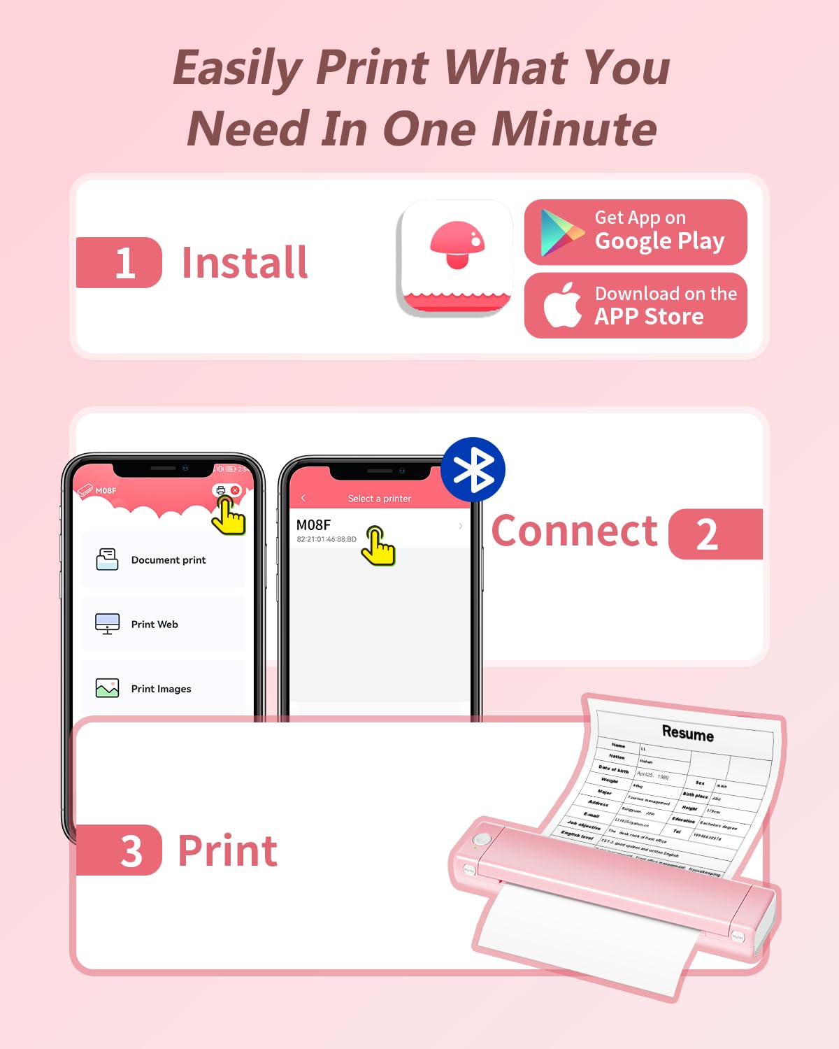 Odaro M08F Portable Inkless Printer - A4 Thermal Printer, Buletooth Printer Compatible with iOS, Android Phone & Laptop,Wireless Printer for Home, Office, Tattoo Stencils, School, Pink