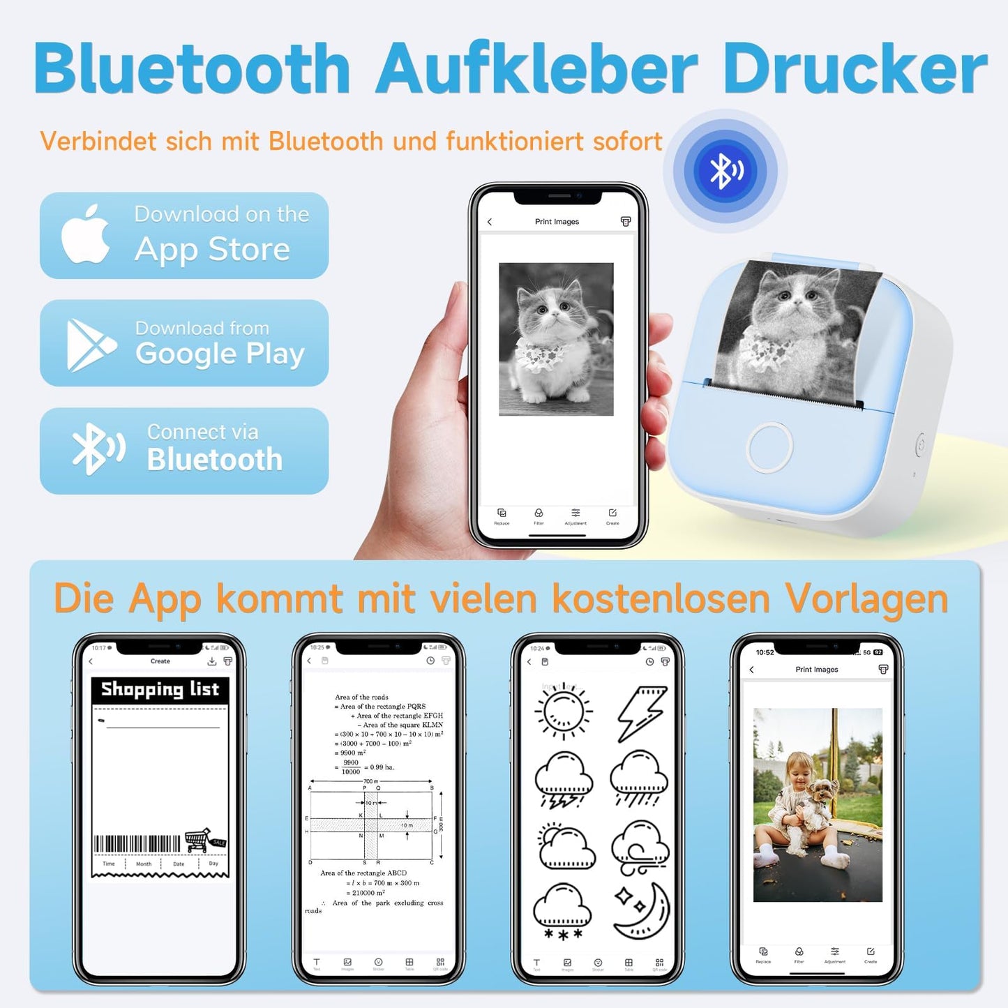 Odaro T02 Mini Imprimante d'autocollants, Mini imprimante sans Fil, Imprimante Photo Portable sans Fil avec 1 Rouleau de Papier, Imprimante Thermique de Poche Bluetooth, Bleu