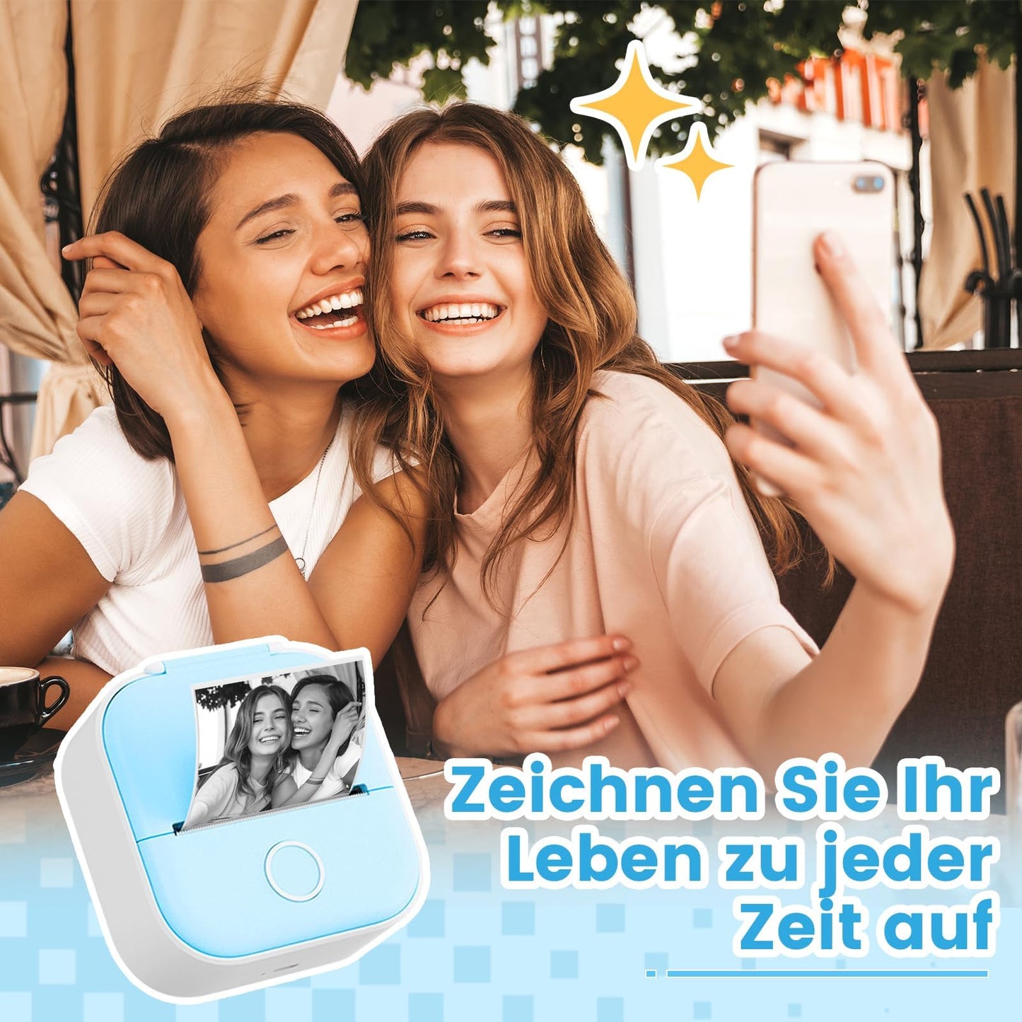 Odaro T02 Mini Imprimante d'autocollants, Mini imprimante sans Fil, Imprimante Photo Portable sans Fil avec 1 Rouleau de Papier, Imprimante Thermique de Poche Bluetooth, Bleu