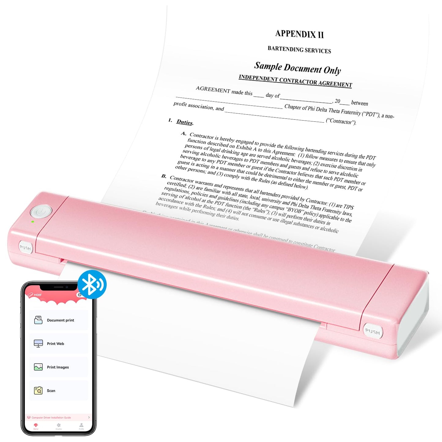 Odaro M08F Portable Inkless Printer - A4 Thermal Printer, Buletooth Printer Compatible with iOS, Android Phone & Laptop,Wireless Printer for Home, Office, Tattoo Stencils, School, Pink