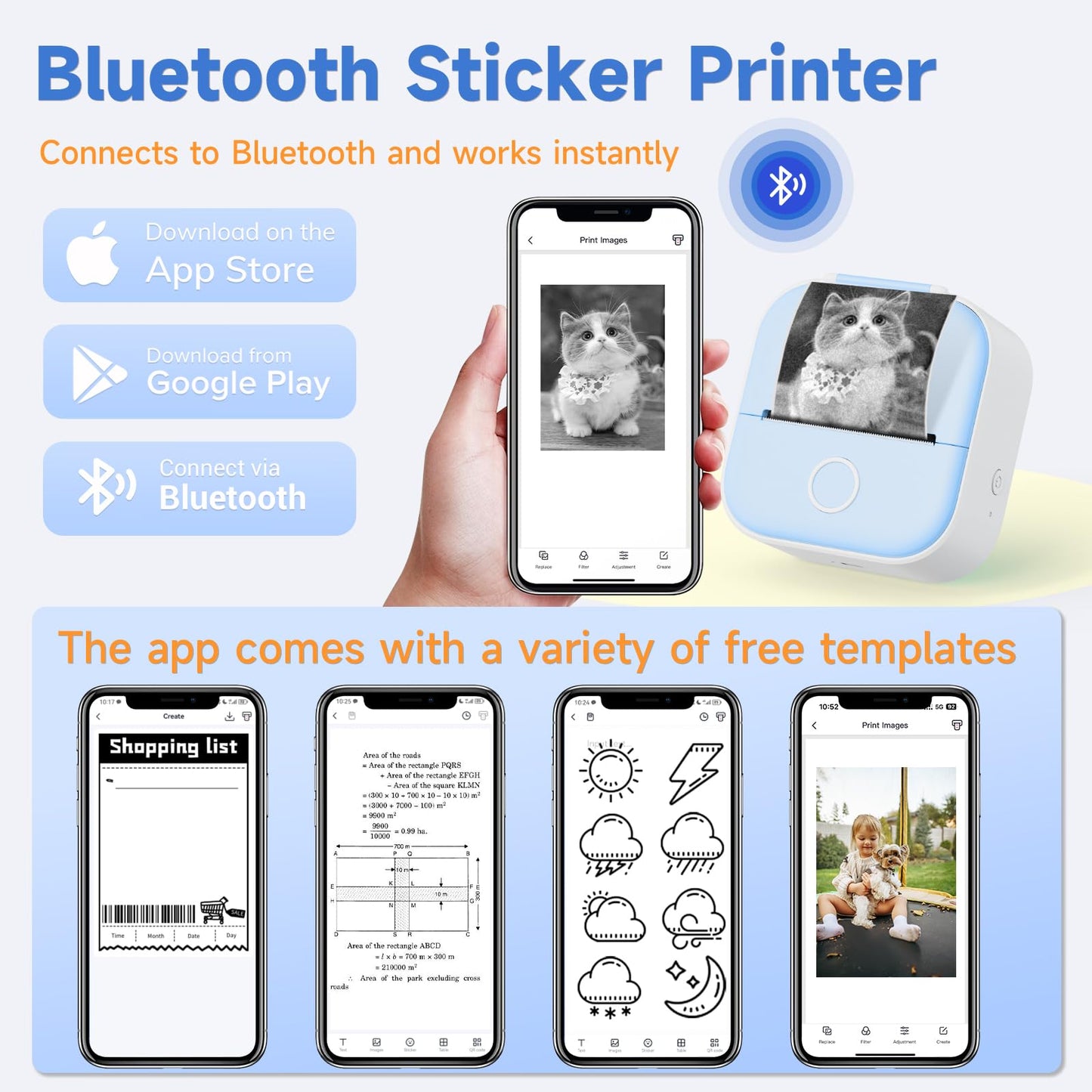 Odaro T02 Thermal Sticker Printer Mini, Portable Print Pod, Sticker Maker with 1 Roll Sticker Paper, Small Sticker Printer Machine Bluetooth for School Note, Journal, Picture Coloring - Blue