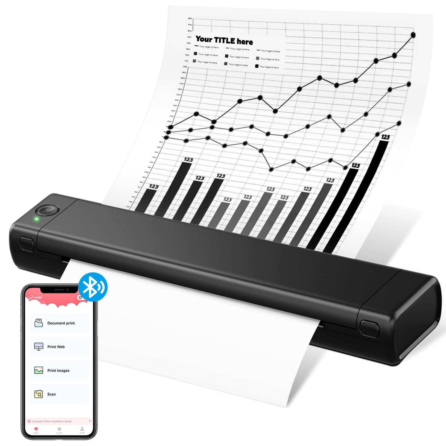Odaro M08F Portable Inkless Printer - A4 Thermal Printer, Buletooth Printer Compatible with iOS, Android Phone & Laptop,Wireless Printer for Home, Office, Tattoo Stencils, School, Black