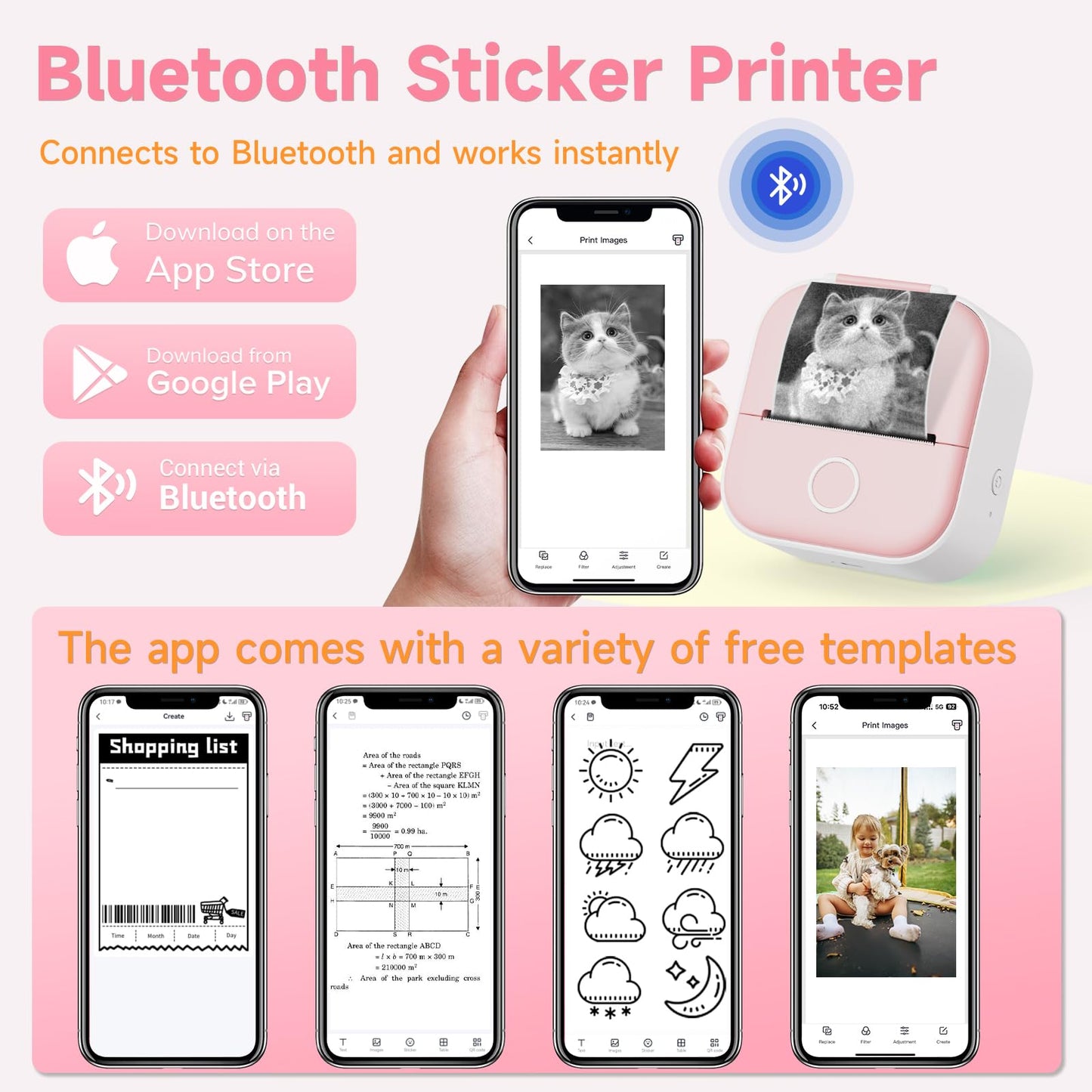 Odaro T02 Thermal Sticker Printer Mini, Portable Print Pod, Sticker Maker with 1 Roll Sticker Paper, Small Sticker Printer Machine Bluetooth for School Note, Journal, Picture Coloring - Pink