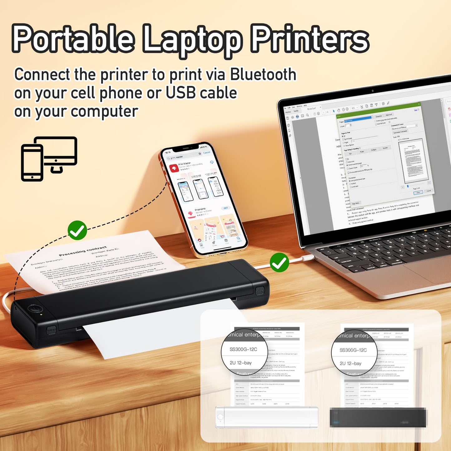 Odaro M08F Portable Inkless Printer - A4 Thermal Printer, Buletooth Printer Compatible with iOS, Android Phone & Laptop,Wireless Printer for Home, Office, Tattoo Stencils, School, Black