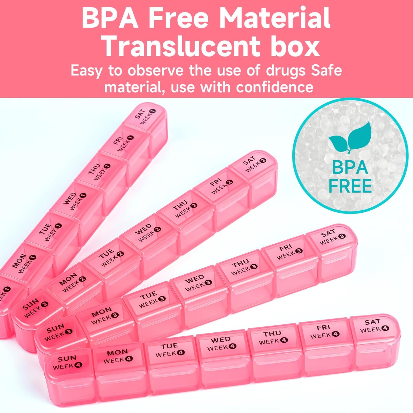 Odaro 28 Day Monthly Pill Organizer - 4 Week Pill Dispenser 1 Times a Day, Weekly 7 Day Travel Medicine Box for Vitamin, Fish Oil or Folic Acid(Pink)