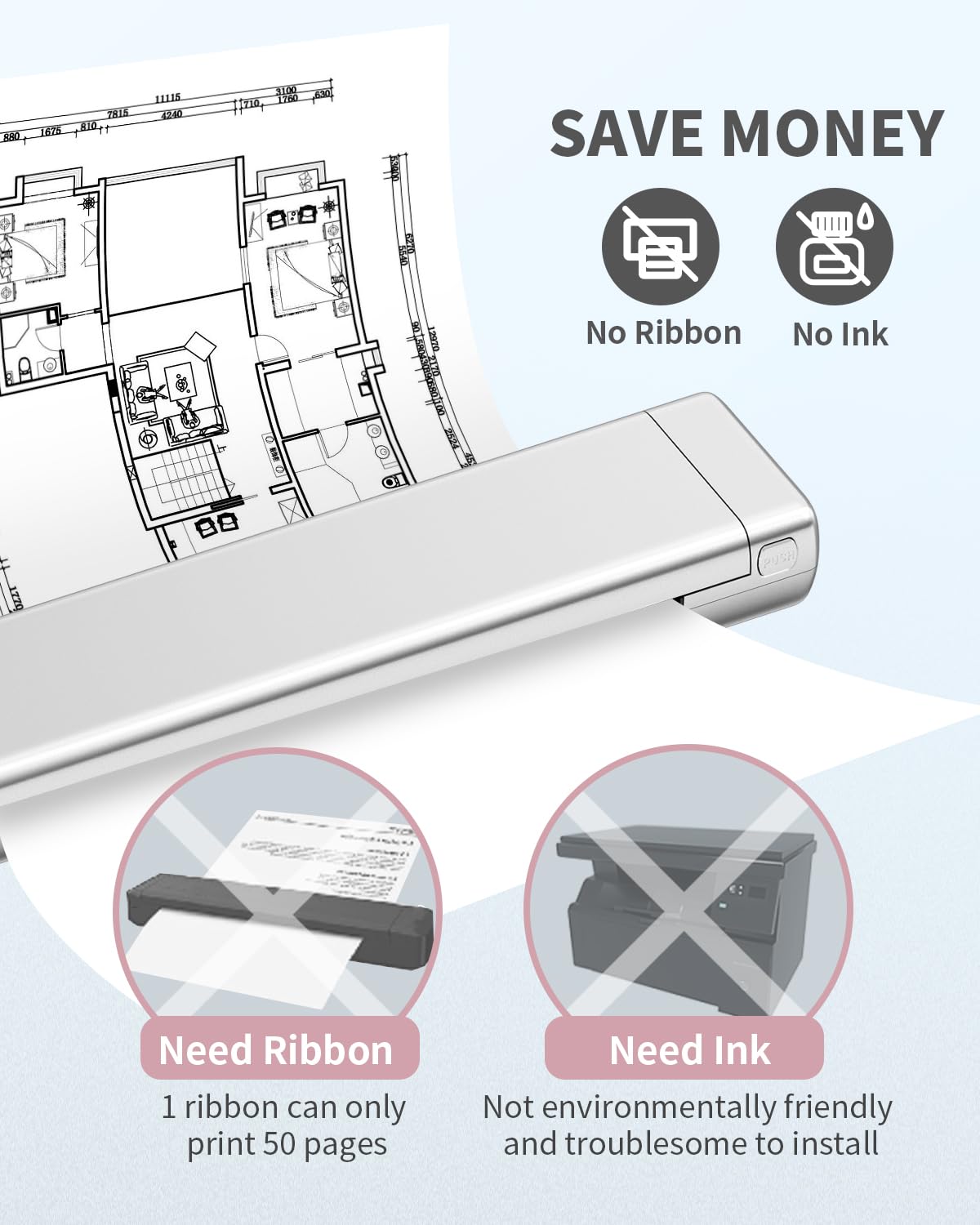 Odaro M08f Impresora Portatil - Impresora para Movil Viajar, Termico Impresora A4 PequeñA para TeléFonos MóViles, Ordenadores PortáTiles, Admite Papel TéRmico A4 De 210 X 297 Mm De Ancho (Plateado)