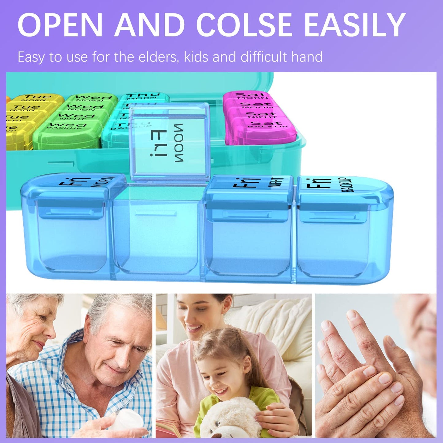 Odaro Weekly Pill Organizer 4 Times a Day, Daily Pill Box 7 Day, Large Travel Pill Case with 28 Compartment to Hold Medicine, Vitamin and Supplement - Cyan Case