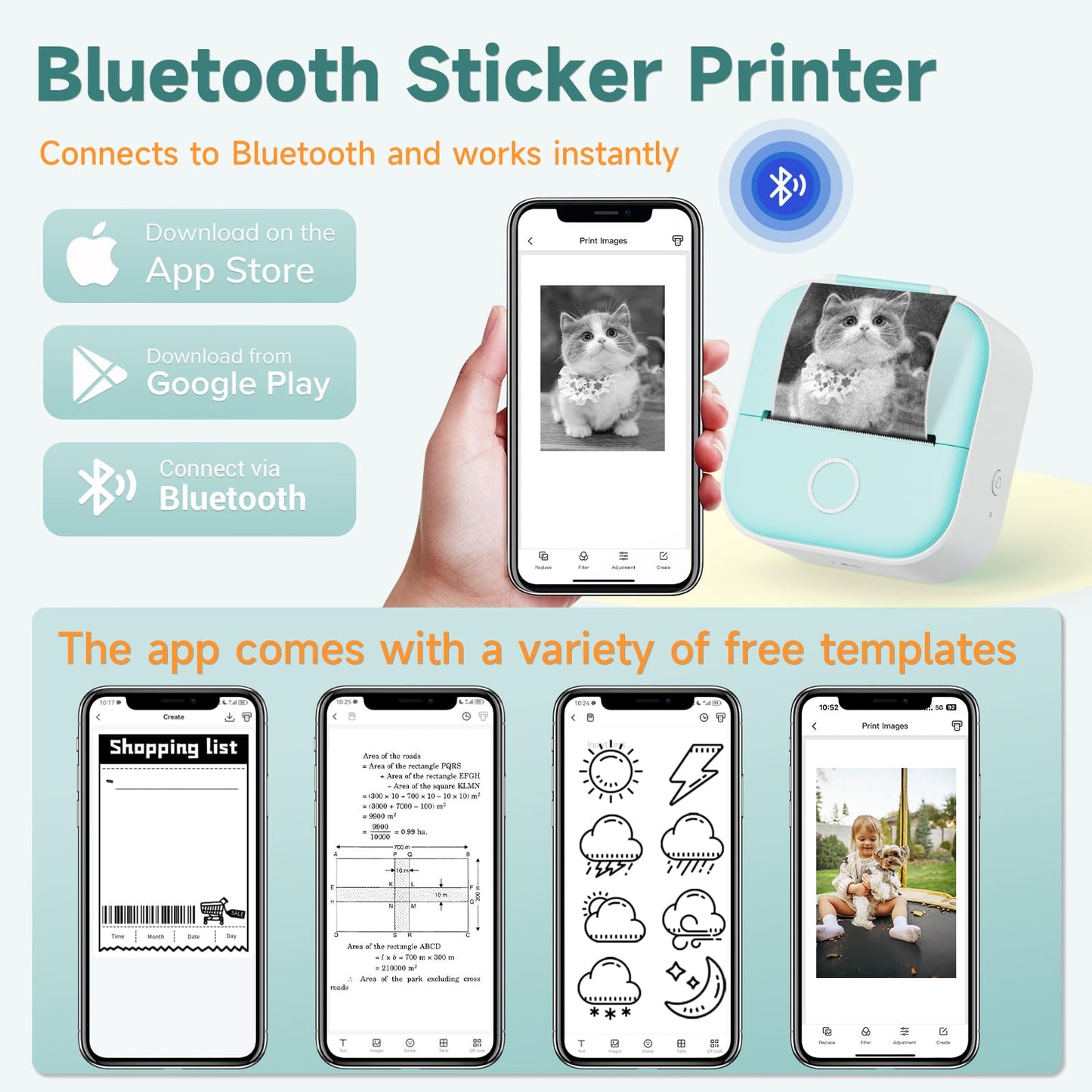 Odaro T02 Thermal Sticker Printer Mini, Portable Print Pod, Sticker Maker with 1 Roll Sticker Paper, Small Sticker Printer Machine Bluetooth for School Note, Journal, Picture Coloring - Green