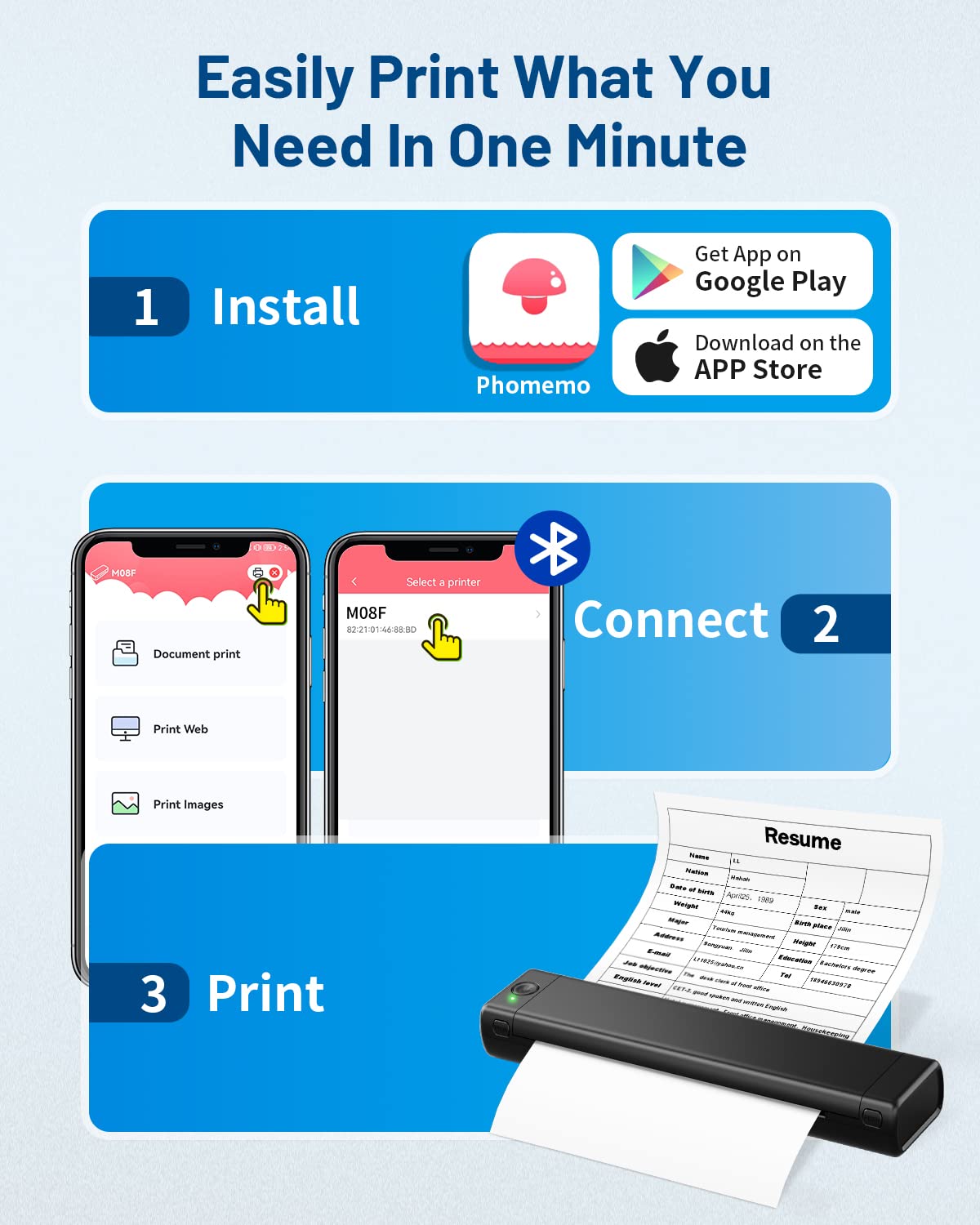 Odaro M08F A4 Travelling Mini Portable Printer, Bluetooth Thermal Printer, Compatible avec Le Papier Thermique A4 jusqu'à 210 x 297 mm, Compatible avec Les Ordinateurs Portables, Noir