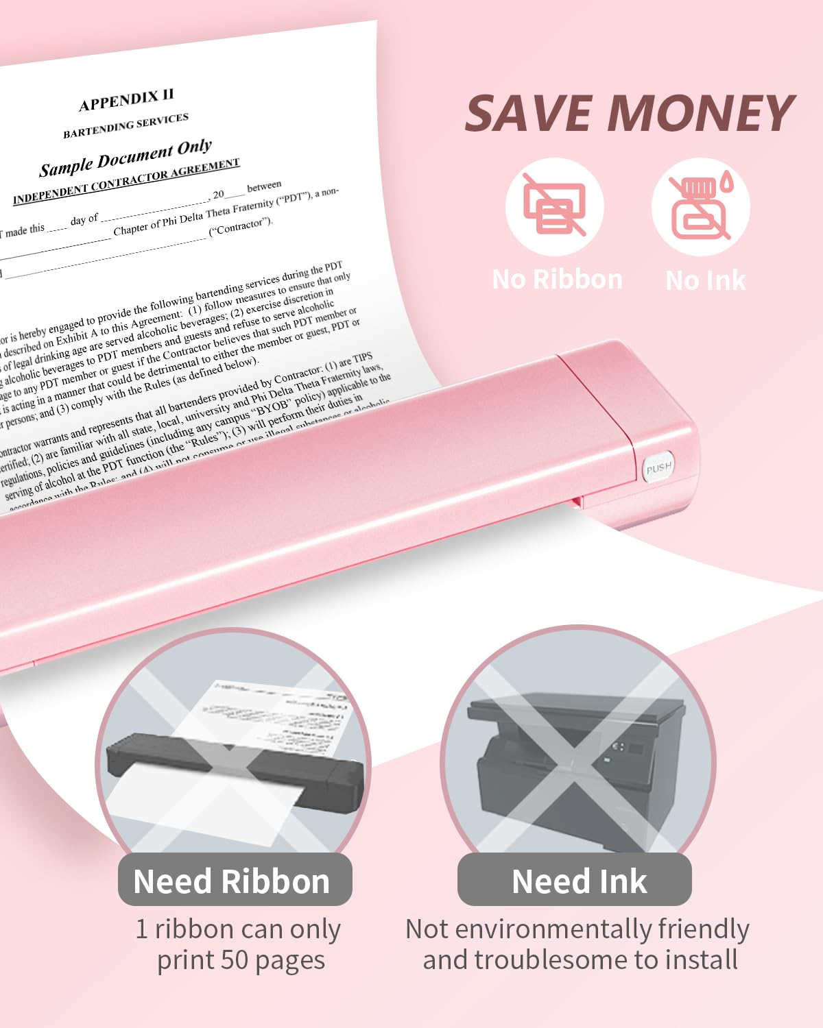 Odaro M08F Portable Inkless Printer - A4 Thermal Printer, Buletooth Printer Compatible with iOS, Android Phone & Laptop,Wireless Printer for Home, Office, Tattoo Stencils, School, Pink