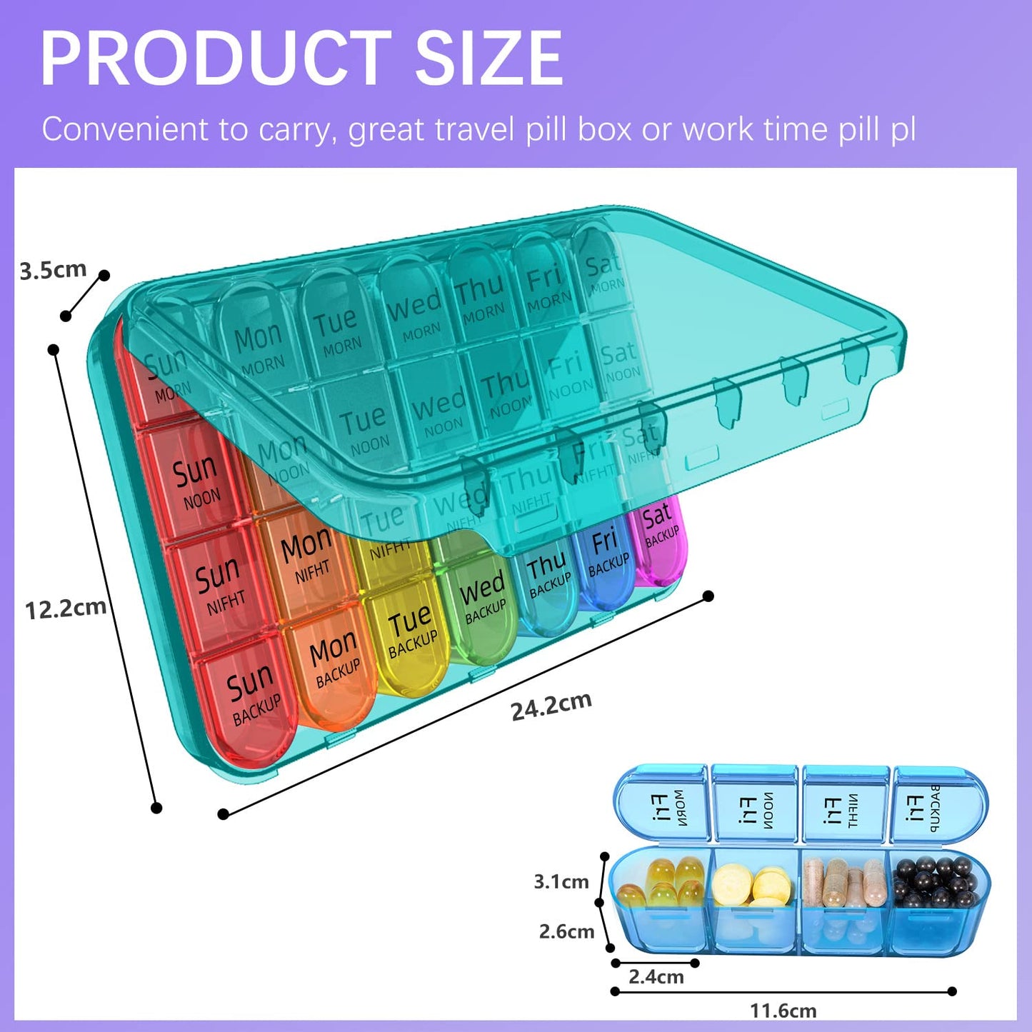 Odaro Weekly Pill Organizer 4 Times a Day, Daily Pill Box 7 Day, Large Travel Pill Case with 28 Compartment to Hold Medicine, Vitamin and Supplement - Cyan Case