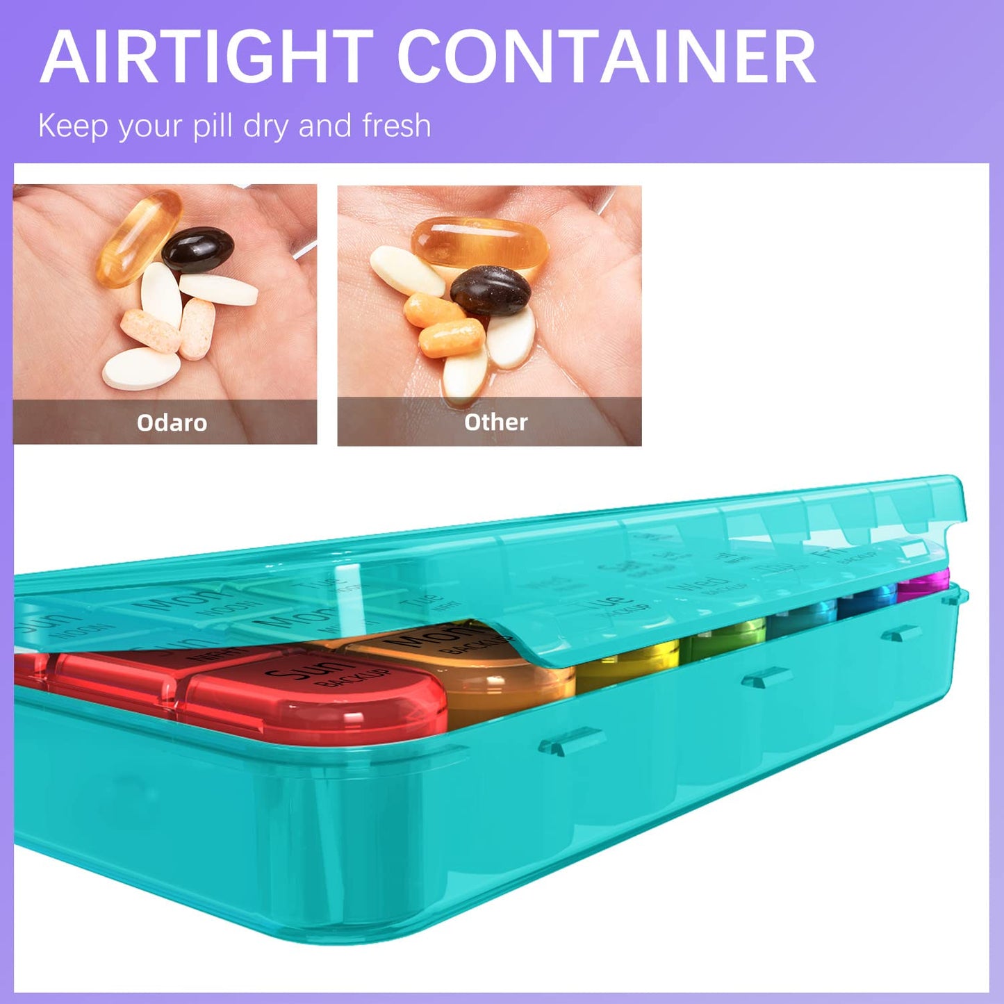 Odaro Weekly Pill Organizer 4 Times a Day, Daily Pill Box 7 Day, Large Travel Pill Case with 28 Compartment to Hold Medicine, Vitamin and Supplement - Cyan Case