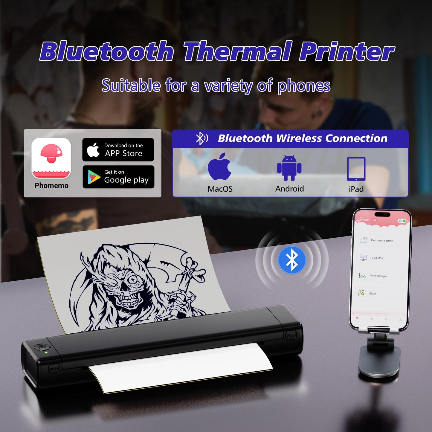Odaro M08F Bluetooth Thermal Tattoo Printer - Portable Wireless Tattoo Stencil Machine with Smartphone & Laptop, Inkless Mobile Printer for DIY Tattoo Stencils (Black)