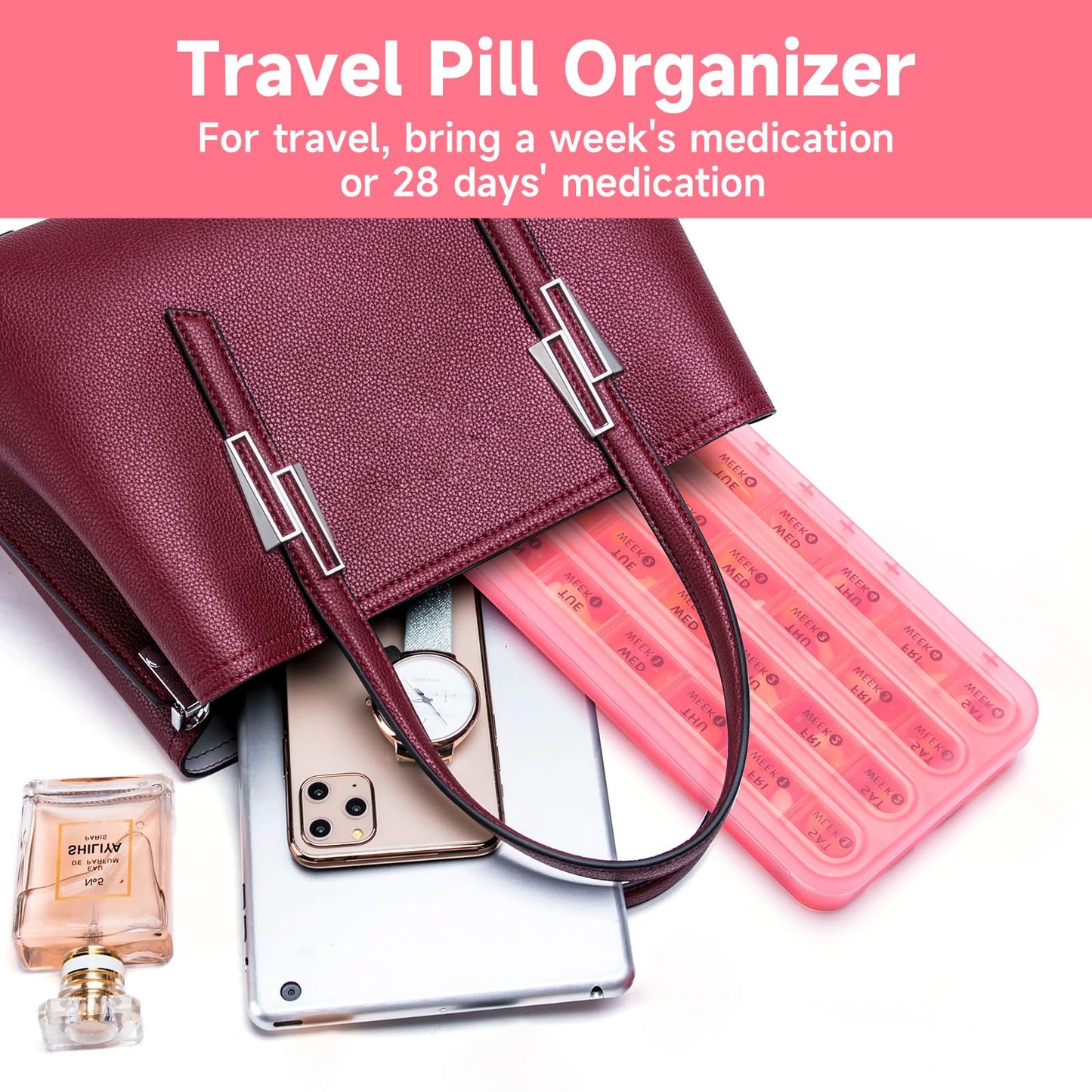 Odaro 28 Day Monthly Pill Organizer - 4 Week Pill Dispenser 1 Times a Day, Weekly 7 Day Travel Medicine Box for Vitamin, Fish Oil or Folic Acid(Pink)