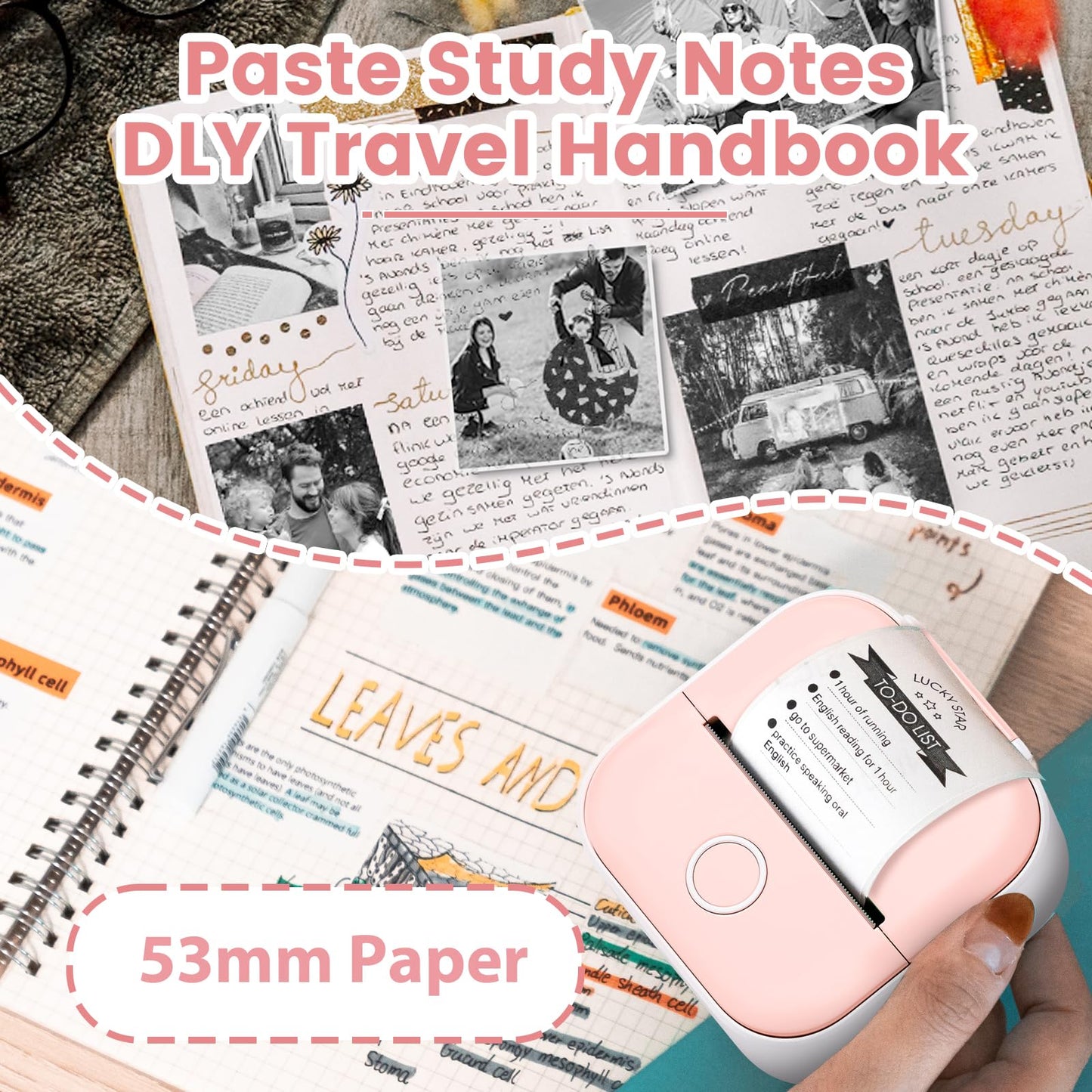 Odaro T02 Thermal Sticker Printer Mini, Portable Print Pod, Sticker Maker with 1 Roll Sticker Paper, Small Sticker Printer Machine Bluetooth for School Note, Journal, Picture Coloring - Pink