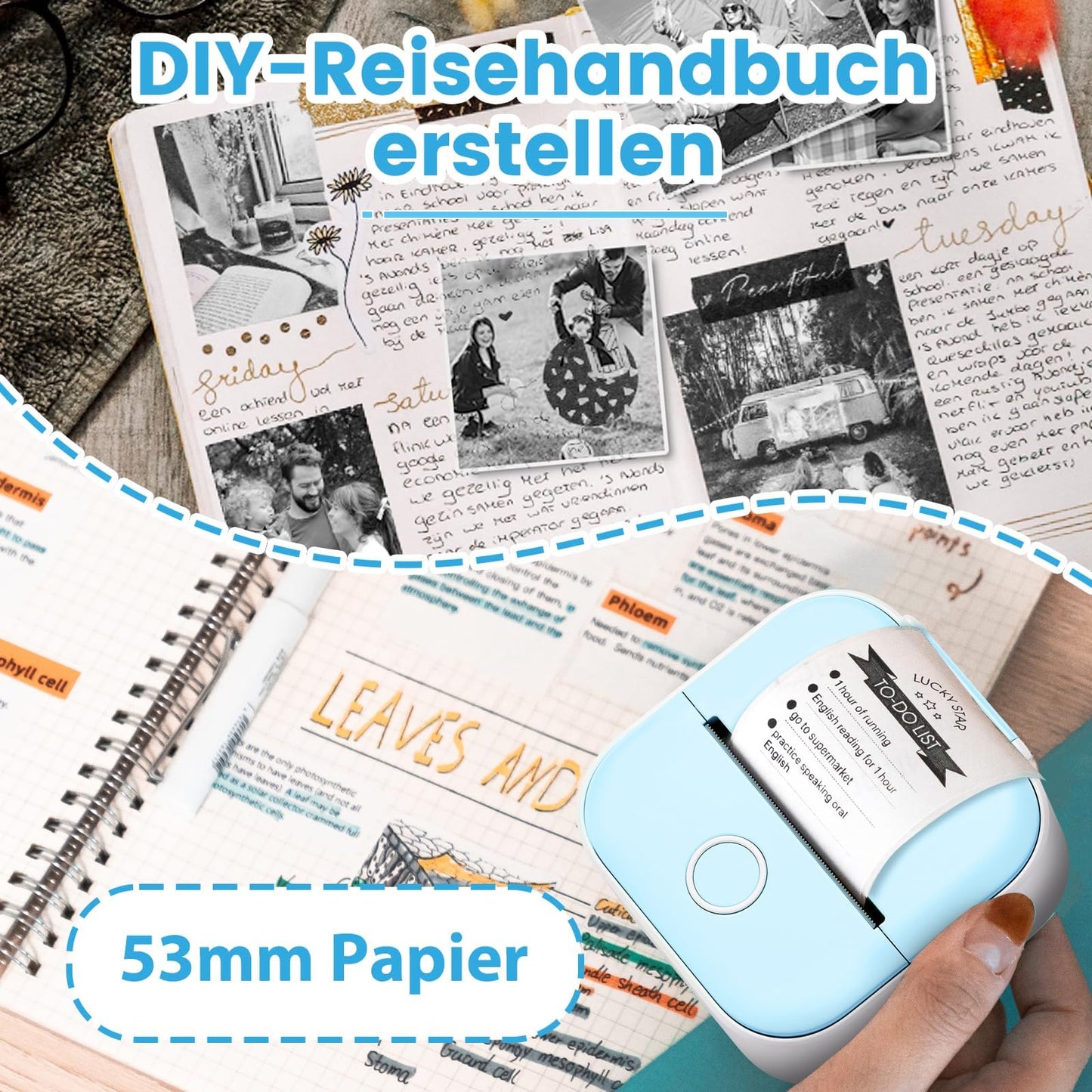 Odaro T02 Mini Imprimante d'autocollants, Mini imprimante sans Fil, Imprimante Photo Portable sans Fil avec 1 Rouleau de Papier, Imprimante Thermique de Poche Bluetooth, Bleu
