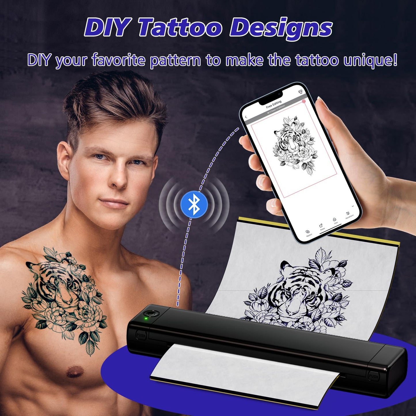 Odaro M08F Bluetooth Thermal Tattoo Printer - Portable Wireless Tattoo Stencil Machine with Smartphone & Laptop, Inkless Mobile Printer for DIY Tattoo Stencils (Black)