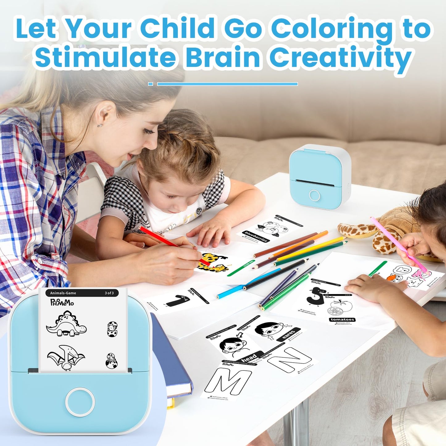 Odaro T02 Thermal Sticker Printer Mini, Portable Print Pod, Sticker Maker with 1 Roll Sticker Paper, Small Sticker Printer Machine Bluetooth for School Note, Journal, Picture Coloring - Blue