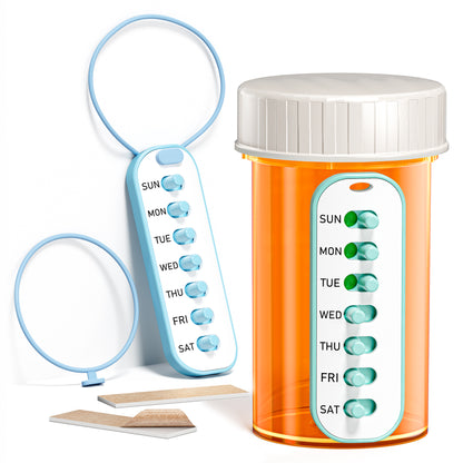 2 Pack Pill Reminder, Lanyad or Sticker Pill Tracker, Work with Most Bottles, Reusable Medication Tracker Replacement of Vitamin Weekly (7 Day) Medicine Organizer
