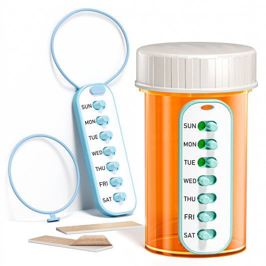 2 Pack Pill Reminder, Lanyad or Sticker Pill Tracker, Work with Most Bottles, Reusable Medication Tracker Replacement of Vitamin Weekly (7 Day) Medicine Organizer