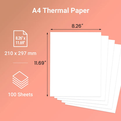 Odaro Papier thermique 210 x 297mm A4, blanc A4-100 feuilles, compatible avec M08F, MT800, Q302, M832, MT800Q et autres imprimantes portables A4