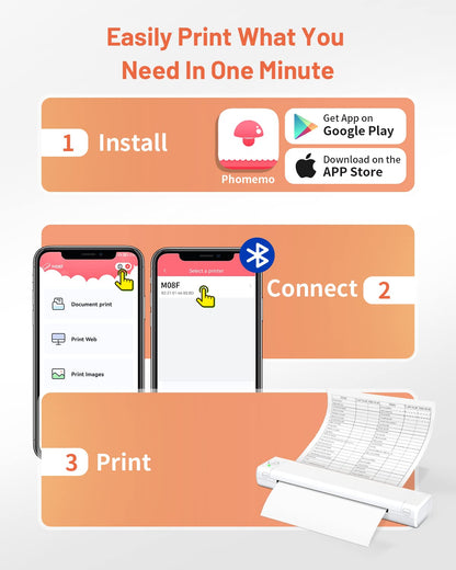 Odaro M08f A4 Travelling Mini Portable Printer, Bluetooth Thermal Printer, Compatible avec Le Papier Thermique A4 Jusqu'à 210 X 297 Mm, Compatible avec Les Ordinateurs Portables, Blanc