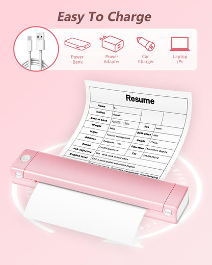 Odaro M08F Portable Inkless Printer - A4 Thermal Printer, Buletooth Printer Compatible with iOS, Android Phone & Laptop,Wireless Printer for Home, Office, Tattoo Stencils, School, Pink