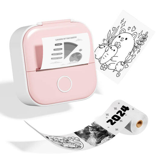 Odaro T02 Thermal Sticker Printer Mini, Portable Print Pod, Sticker Maker with 1 Roll Sticker Paper, Small Sticker Printer Machine Bluetooth for School Note, Journal, Picture Coloring - Pink