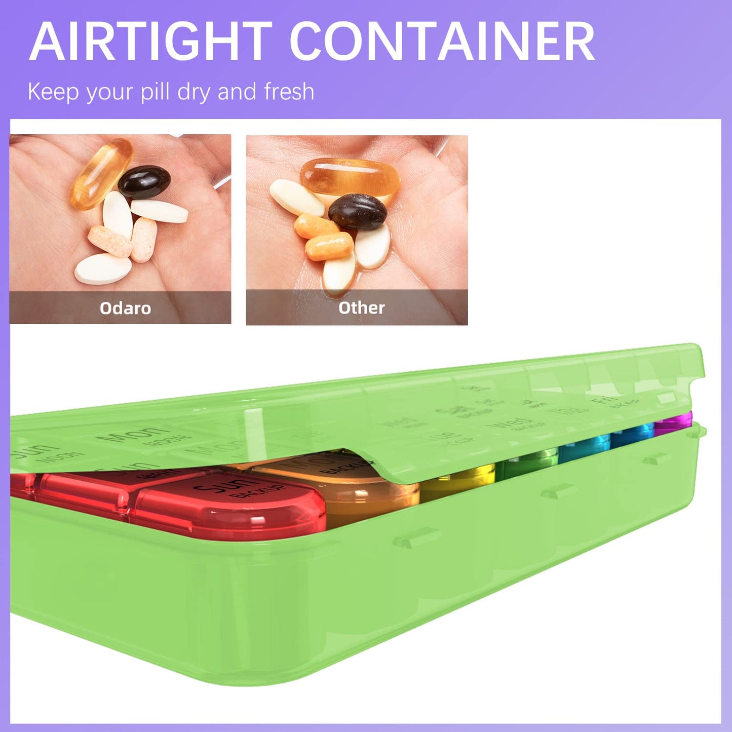 Odaro Weekly Pill Organizer 4 Times a Day, Daily Pill Box 7 Day, Large Travel Pill Case with 28 Compartment to Hold Medicine, Vitamin and Supplement - Green Case