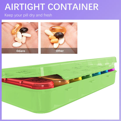 Odaro Weekly Pill Organizer 4 Times a Day, Daily Pill Box 7 Day, Large Travel Pill Case with 28 Compartment to Hold Medicine, Vitamin and Supplement - Green Case