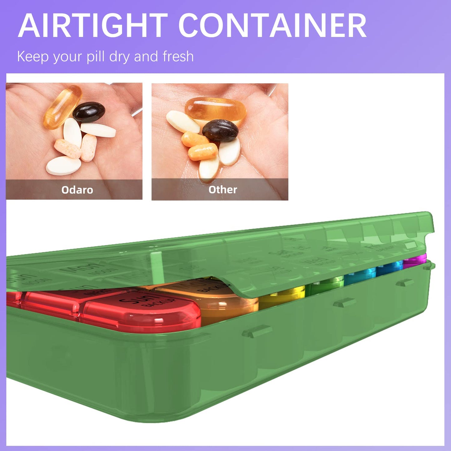 Odaro Weekly Pill Organizer 4 Times a Day, Daily Pill Box 7 Day, Large Travel Pill Case with 28 Compartment to Hold Medicine, Vitamin and Supplement - Olive Case