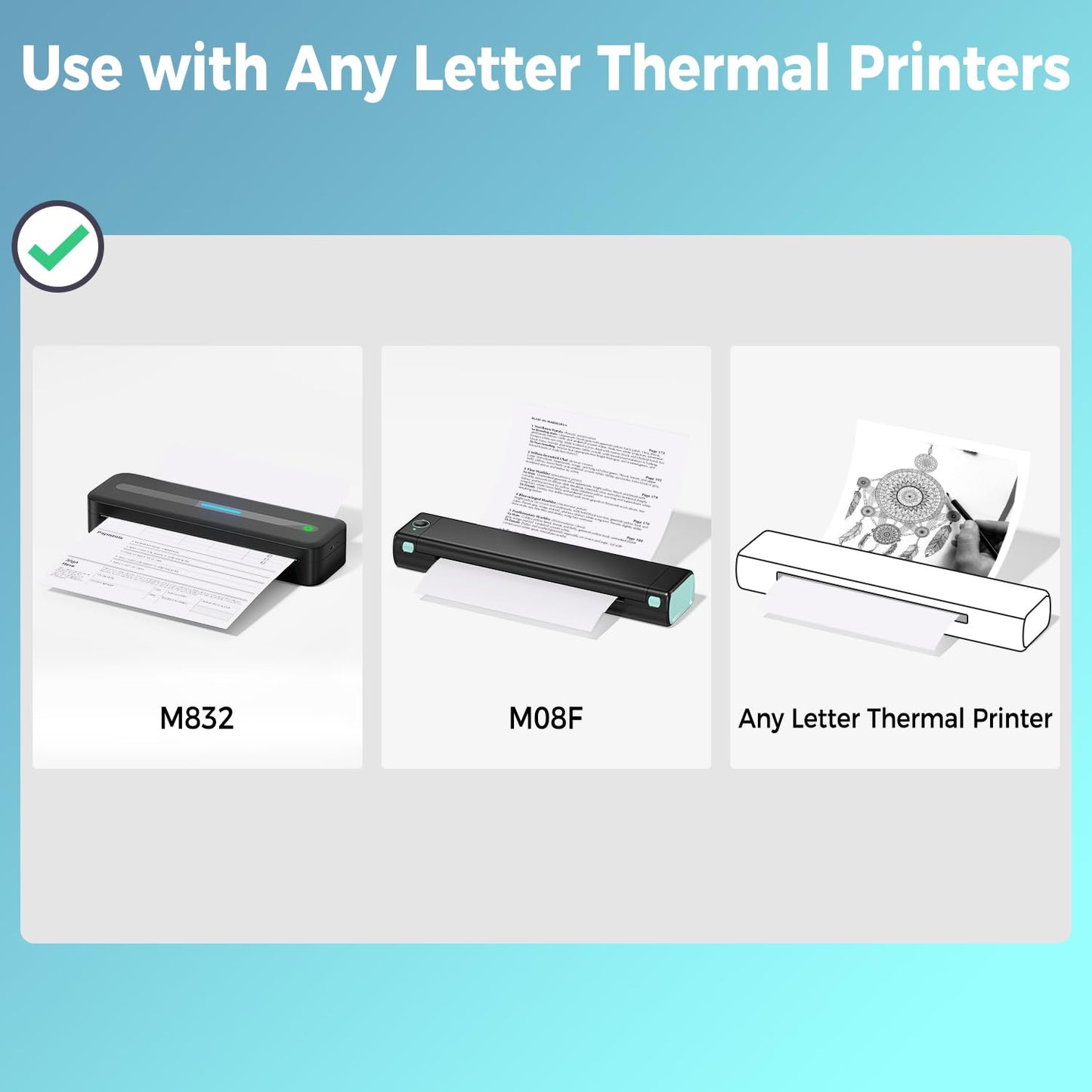Odaro Thermal Printer Paper 8.5 x 11 US Letter Size Paper, Multipurpose Office White Paper - 100 sheets, Compatible with M08F, M832, MT800, MT800Q And Other Letter Portable Printers