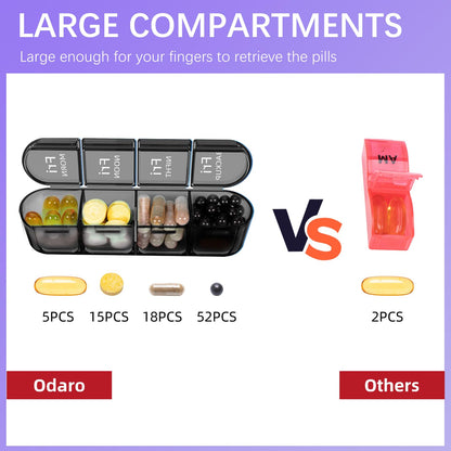 Odaro Weekly Pill Organizer 4 Times a Day, Daily Pill Box 7 Day, Large Travel Pill Case with 28 Compartment to Hold Medicine, Vitamin and Supplement (Full Black)