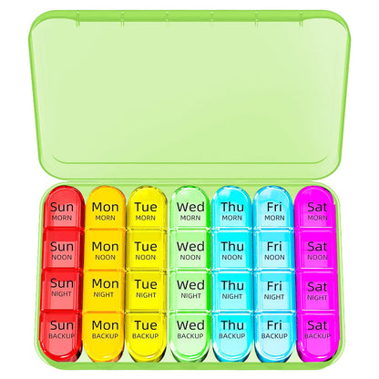 Odaro Weekly Pill Organizer 4 Times a Day, Daily Pill Box 7 Day, Large Travel Pill Case with 28 Compartment to Hold Medicine, Vitamin and Supplement - Green Case