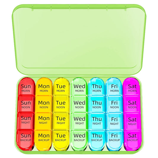 Odaro Weekly Pill Organizer 4 Times a Day, Daily Pill Box 7 Day, Large Travel Pill Case with 28 Compartment to Hold Medicine, Vitamin and Supplement - Green Case