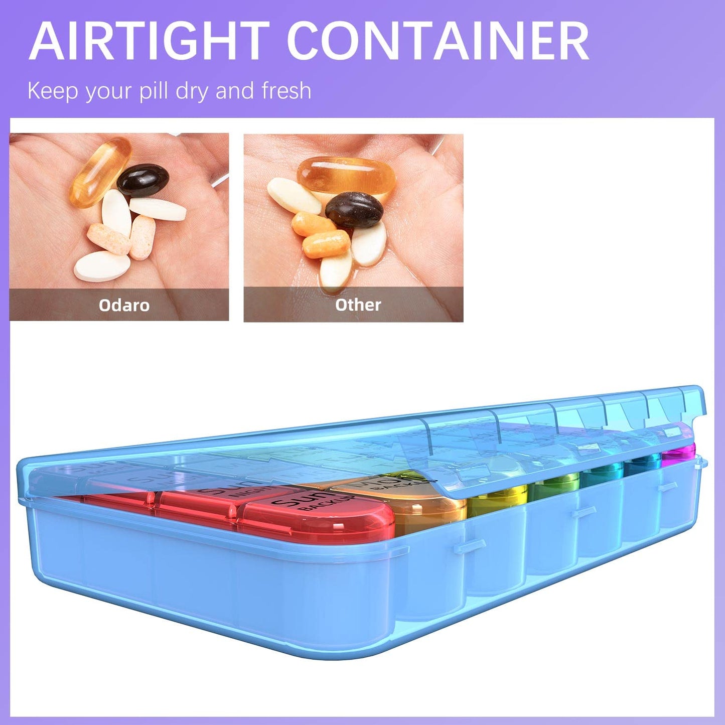 Odaro Weekly Pill Organizer 4 Times a Day, Daily Pill Box 7 Day, Large Travel Pill Case with 28 Compartment to Hold Medicine, Vitamin and Supplement - Blue Case
