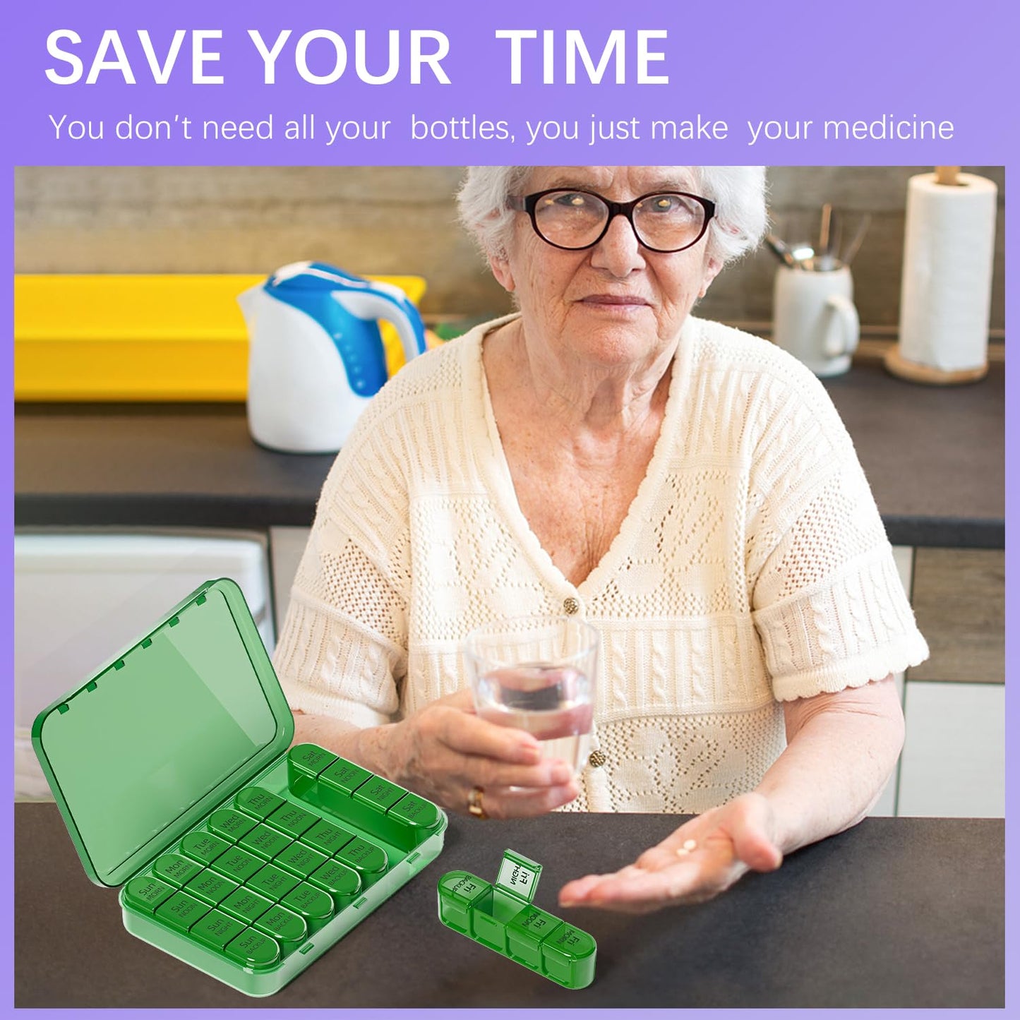 Odaro Weekly Pill Organizer 4 Times a Day, Daily Pill Box 7 Day, Large Travel Pill Case with 28 Compartment to Hold Medicine, Vitamin and Supplement - Full Olive