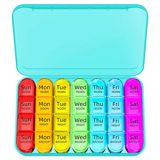 Odaro Weekly Pill Organizer 4 Times a Day, Daily Pill Box 7 Day, Large Travel Pill Case with 28 Compartment to Hold Medicine, Vitamin and Supplement - Cyan Case