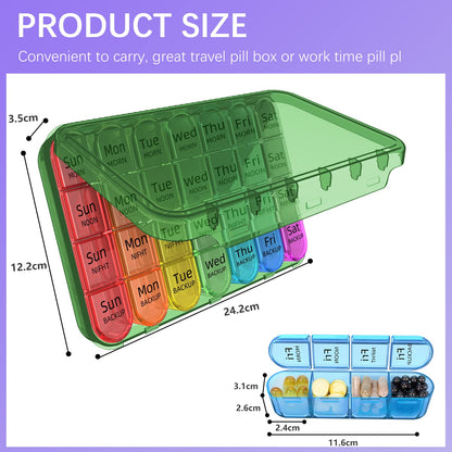 Odaro Weekly Pill Organizer 4 Times a Day, Daily Pill Box 7 Day, Large Travel Pill Case with 28 Compartment to Hold Medicine, Vitamin and Supplement - Olive Case