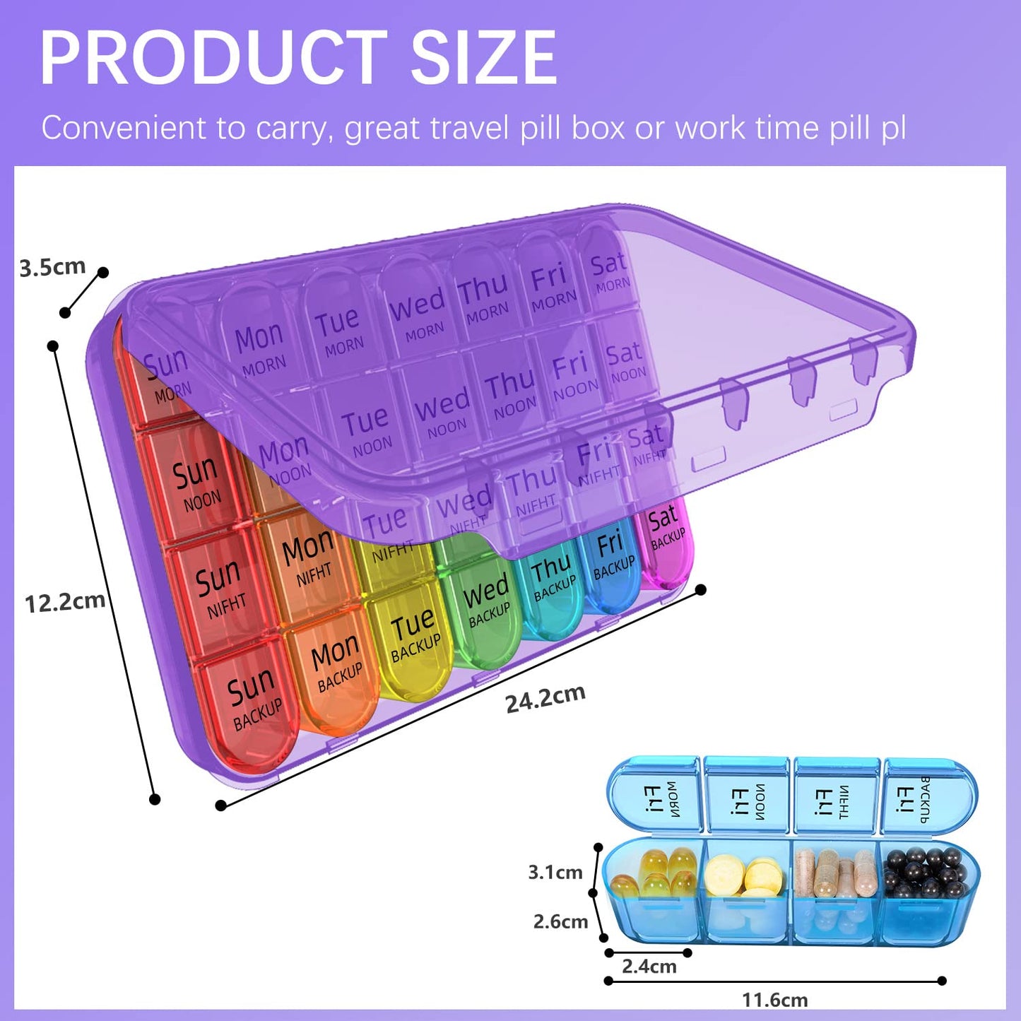 Odaro Weekly Pill Organizer 4 Times a Day, Daily Pill Box 7 Day, Large Travel Pill Case with 28 Compartment to Hold Medicine, Vitamin and Supplement - Purple Case