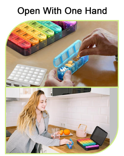 Odaro Weekly Pill Organizer 4 Times a Day, Daily Pill Box 7 Day, Large Travel Pill Case with 28 Compartment to Hold Medicine, Vitamin and Supplement (Color)